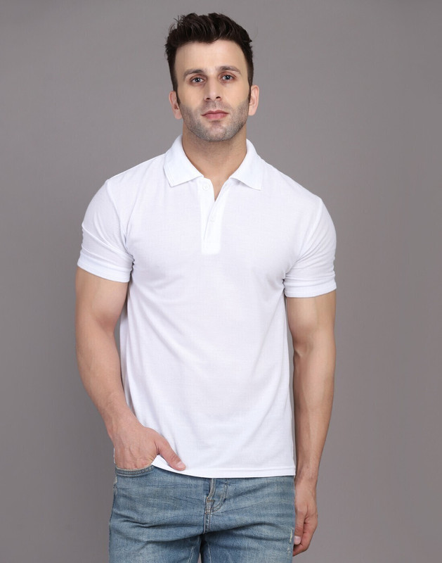 Inkkr Solid Men Polo Neck White T-Shirt