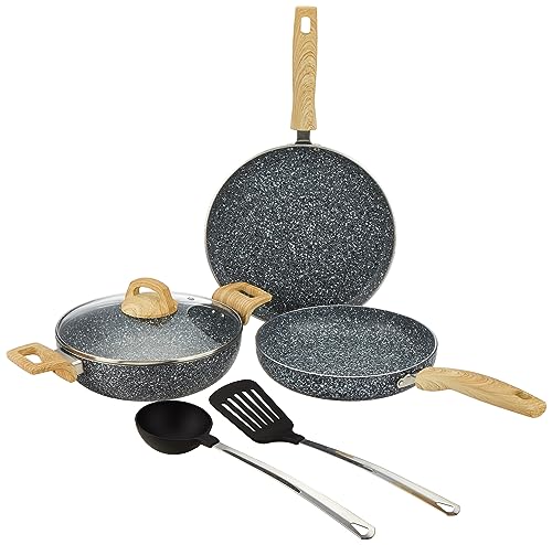 Amazon Basics Granite Finish Non Stick 5 Pcs Induction Base Cookware Set-Granito Grey (24Cm Fry Pan, 24 Cm Kadai, 28Cm Tawa And 2 Nylon Spatulas)