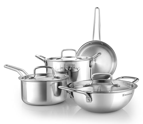 Bergner Tripro Triply Stainless Steel 7 Pcs Cookware Set – 20Cm Deep Kadai (1.5 L), 20Cm Sautepan (1.2 L), 16Cm Saucepan (1.7 L), 20Cm Casserole (3 L), 3 Stainless Steel Lids, Induction Bottom, Silver