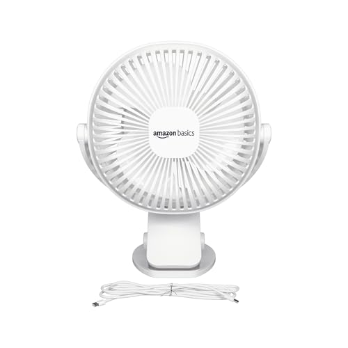 Amazon Basics Mini Fan With Multi-Utility Clip | Usb Charging | Multi-Clip Function | 9-Hour Battery Backup | White