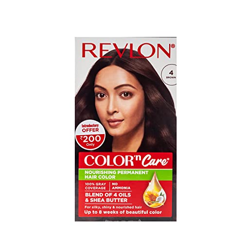 Revlon Color ‘N Care Permanent Hair Color For Women-4 Brown | Blend Of 4 Oil’S & Shea Butter| For Silky, Shiny & Nourished Hair | 100% Grey Coverage In 5 Minutes | Ammonia Free