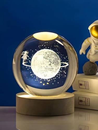 Desidiya Big Moon Fairy 3D Crystal Ball Night Light With Wooden Base – Led Usb Table Lamp For Kids, Teens, And Home Decor