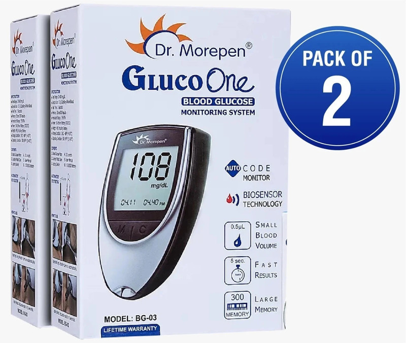 Dr. Morepen Gluco One Digital Blood Sugar Testing Monitor Machine (Pack Of 2 Without Strips) Glucometer(Black, Grey)