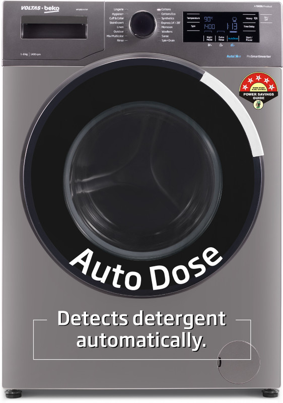 Voltas Beko By A Tata Product 8 Kg Fully Automatic Front Load Washing Machine With In-Built Heater Grey, Black(Wfl8014Vtap)