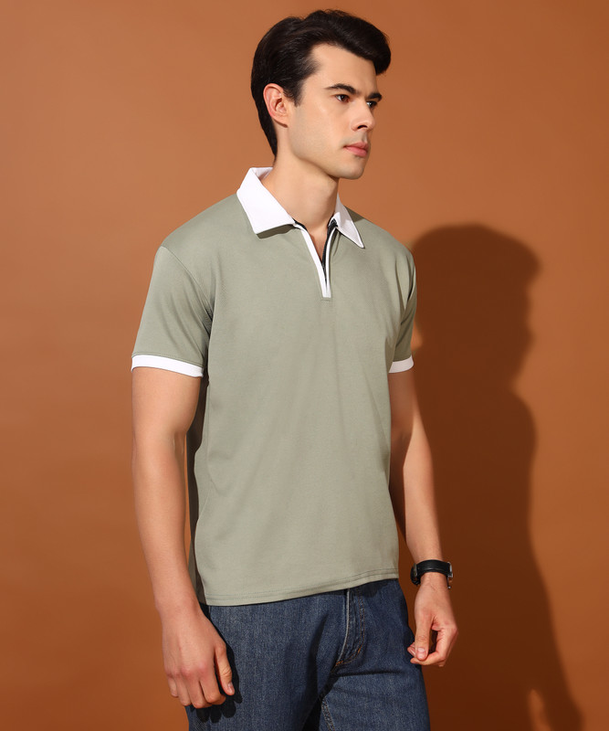 Metronaut Solid Men Polo Neck Light Green T-Shirt