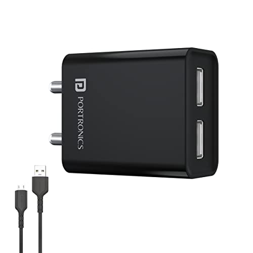 Portronics Adapto 66 2.4A 12W Dual Usb Port 5V/2.4A Wall Charger,Comes With 1M Micro Usb Cable, Usb Wall Charger Adapter For Smartphone (Black)