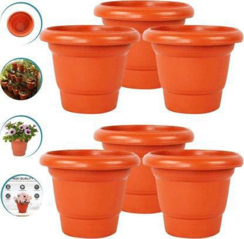 God Of Goods 8 Inch Round Garden Plastic Planters Plant Container Set For Indoor/Outdoor Pot Plant Container Set(Pack Of 6, Plastic)