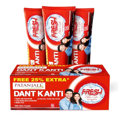 Patanjali Dant Kanti Fresh Active Gel Toothpaste With Mint Crystal 300G, Makes Teeth Strong, Tightens Gums, Gives Cavity Free Smile
