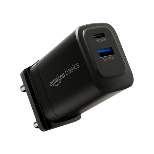 Amazon Basics 30W Dual Port Gan Charger | Pd3.0 And Qc3.0 Pps Fast Charging Compact Adapter With Foldable Plug (Us/In Pins) |Without Cable (Plastic, Black)