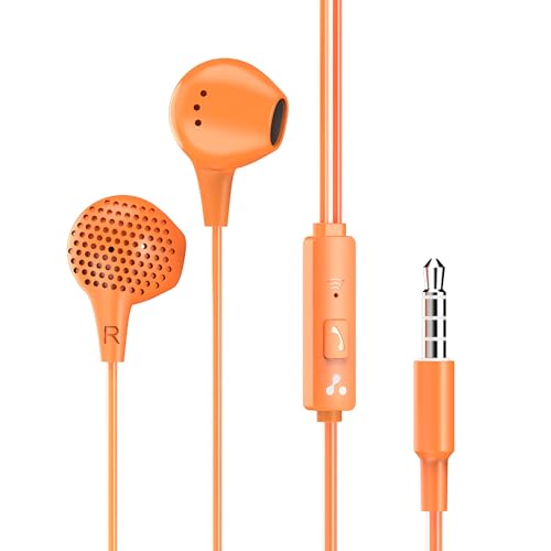 Ambrane Wired Earphones With Mic | 3.5Mm Audio Jack | 14Mm Driver For Hd Sound & Deep Bass | Tangle-Free 1.2M Cable | In Ear Comfort Fit | Compatible With Mobiles, Tablets, Laptops, Pcs (Ep-83 Orange)
