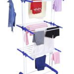 Flipzon Premium Clothes Stand For Drying With Wheels | Portable | 3 Layer Rack For Balcony | Double Pole | Foldable Wings | 14 Hanger Rods | Alloy Steel & Plastic (White & Blue)
