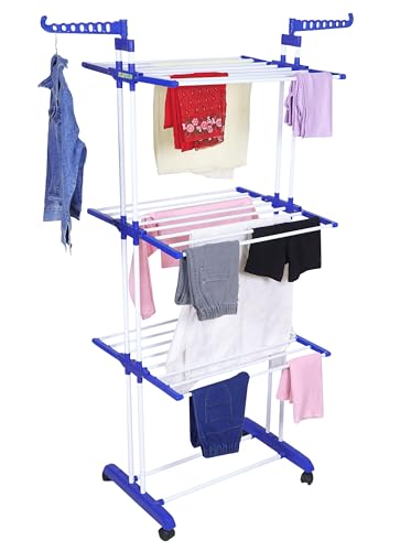 Flipzon Premium Clothes Stand For Drying With Wheels | Portable | 3 Layer Rack For Balcony | Double Pole | Foldable Wings | 14 Hanger Rods | Alloy Steel & Plastic (White & Blue)