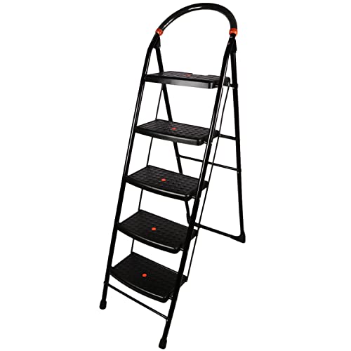 Ciplaplast 5 Step Ladder For Home Use | Heavy Duty Alloy Steel Foldable Step Ladder With Anti Skid Shoes And Extra Strong Wide Steps | 5 Years Warranty | Milano 5 Steps | Gec-L5M (Black)