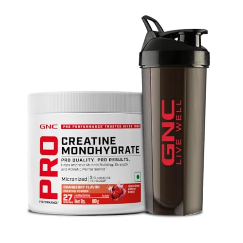 Gnc Pro Performance Creatine Monohydrate With Black Shaker- 3000Mg Creatine Per Scoop | Micronized For Faster Absorption | Boosts Energy, Muscle Volume & Performance | Gluten-Free | Cranberry | 100Gm