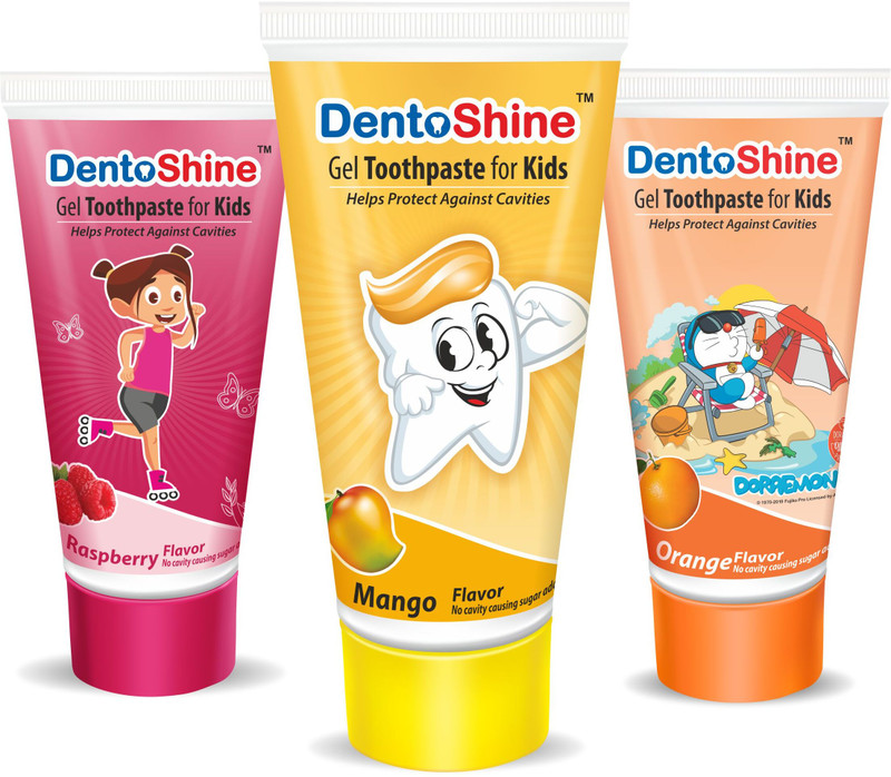 Dentoshine Gel Toothpaste For Kids – Pack Of 3 Flavors (Orange, Raspberry & Mango) Toothpaste(240 G, Pack Of 3)