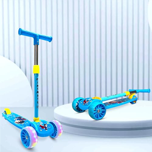 Kidsmate Rider Pro Kick Scooter With Broad Pu Led Wheels | 3-Wheel Skating Scooter For Boys & Girls Of Ages 2-12 Years | 5-Level Adjustable Height, And Easy Fold Design (Blue)