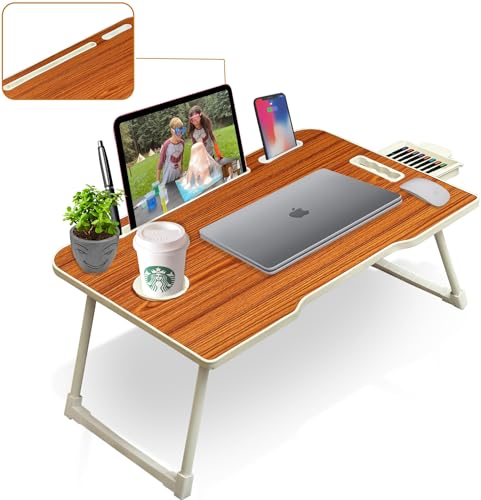 Callas Multi-Purpose Laptop Table With | Cup Holder | Drawer | Mac Holder | Study Table/Bed Table/Breakfast Table/Foldable And Portable Wooden Table (Ca-39-Brown)