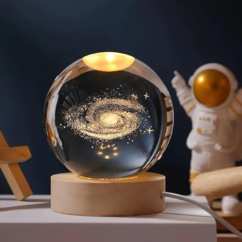 One94Store 3D Galaxy Crystal Ball Night Lamp – Engraved Usb Table Led Wooden Light For Home Office Decoration And Birthday Gift (Galaxy)(Warm White)