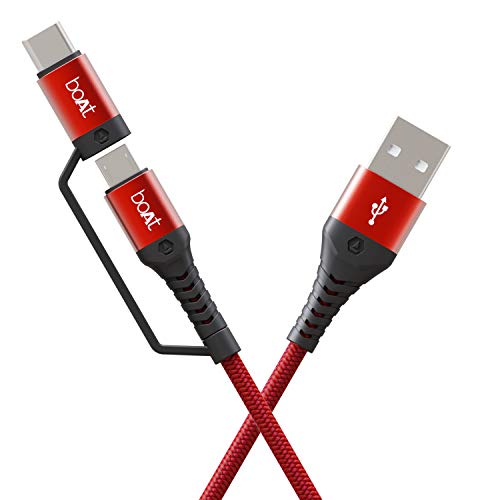 Boat Deuce Usb 300 2 In 1 Type-C & Micro Usb Stress Resistant, Tangle-Free, Sturdy Cable With 3A Fast Charging & 480Mbps Data Transmission, 10000+ Bends Lifespan And Extended 1.5M Length(Martian Red)