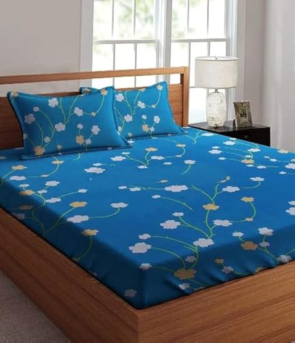 Bsb Home® Glace Cotton 160 Tc Big Flower Printed Double Bedsheets With 2 King Size Pillow Cover, (90X90 Inches, 7.5 X 7.5 Feet, Blue & White Leaf)