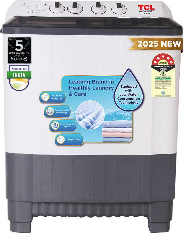 Tcl 8.5 Kg 5 Star With Extra Powerful Motor, Magic Filter And Fast Dry Semi Automatic Top Load Washing Machine Grey(Twt85-P103Pw)