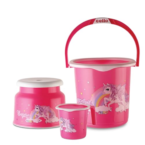 Cello Kidzbee Unicorn Splash Bathroom Set | Sturdy And Durable | Lightweight And Rigid | Easy To Clean And Attractive Design | Pink, Set Of 3