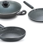 Prestige Omega Deluxe Granite Alpha 3Pcs Byk-Kadai 24Cm Glass Lid+Tawa 28Cm+Fry Pan 24Cm Induction Bottom Non-Stick Coated Cookware Set(Aluminium, 1 – Piece)