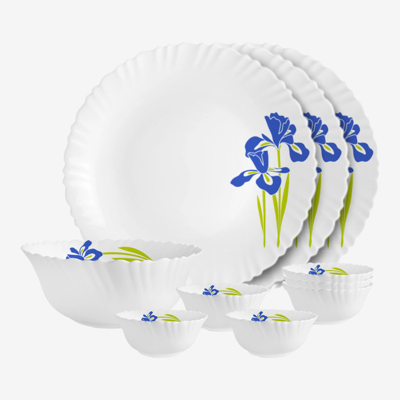 Cello Pack Of 10 Opalware Dazzle Opalware Blue Iris Dinner Set | Crockery Set | Blue Dinner Set(Blue, White, Microwave Safe)