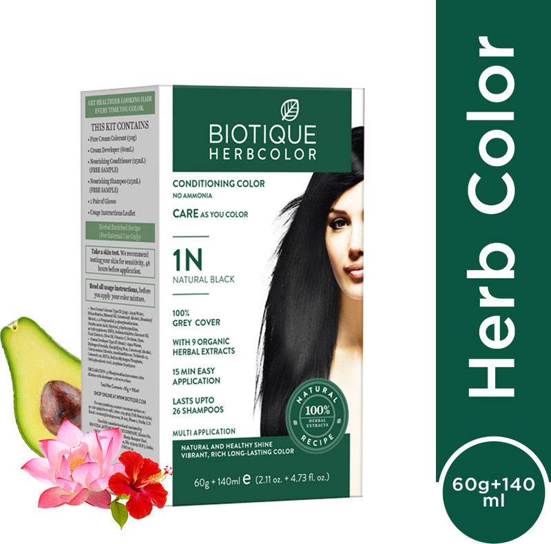 Biotique Herbcolor Natural Conditioning | 100% Grey Coverage-1N Natural Black Hair Colour , Natural Black