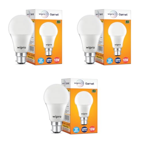 Wipro Garnet 10W Led Bulb For Home & Office |Cool Day White (6500K) | B22 Base|220 Degree Light Coverage |4Kv Surge Protection |400V High Voltage Protection |Energy Efficient | Pack Of 3