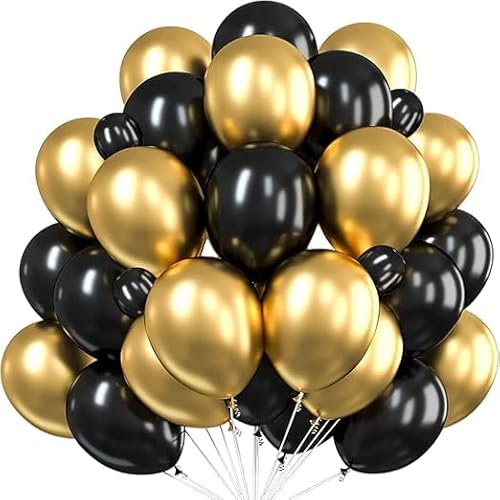 Pulgos 50Pcs For Birthday Decoration Items, Anniversary, Baby Shower, Bachelorette Decorations. Metallic Chrome Balloons For Decorations(Black & Golden)