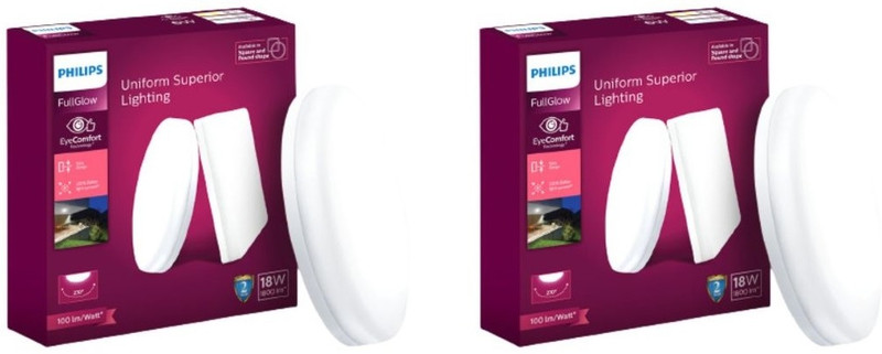 Philips Full Glow 18-Watt Round Led Surface Downlighter,Cool Day Light, Pack Of 2 Recessed Ceiling Lamp(White)