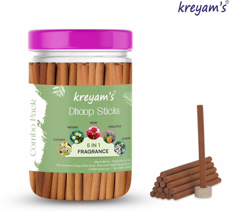 Kreyam’S 5 In 1 Dhoop Sticks For Pooja, Meditation, And Daily Use Champa, Mogra, Rose, Pineapple, Jasmine(100, Set Of 1)