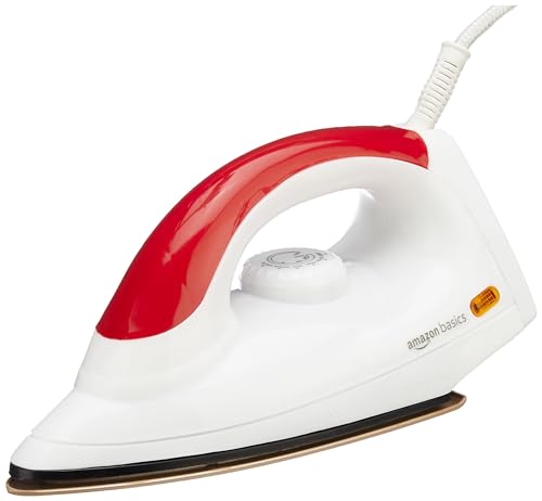 Amazon Basics 1000 Watt Dry Iron With Non-Stick Soleplate | Ergonomic | Red And White