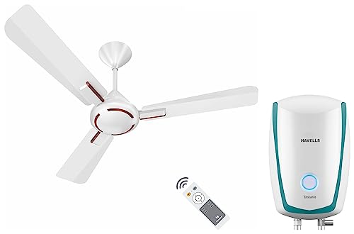 Havells Ambrose 1200Mm Energy Saving With Remote Control 5 Star Decorative Bldc Ceiling Fan (Pearl White Wood, Pack Of 1) Instanio 1-Litre 3Kw Instant Water Heater (Geyser), White Blue