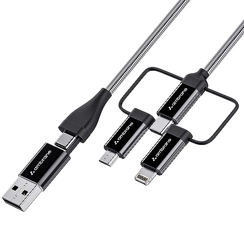 Ambrane 6-In-1 60W Fast Charging Cable With Micro, Type C & Iphone Support, Compatible With All Devices, Pd Technology, Data Transmission, Unbreakable Braided, Tangle Free 1.5M(Hexa15, Black)