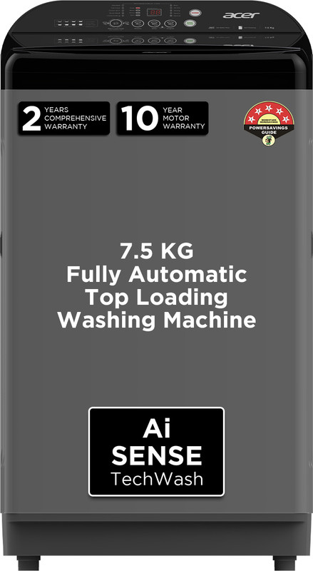 Acer 7.5 Kg Halo Wash Series With Aisense, 5 Star Rating, Autobalance, Helixflow Pulsator, Pro-Foam Tub Fully Automatic Top Load Washing Machine Black, Grey(Ar75Fatlp1Gt)