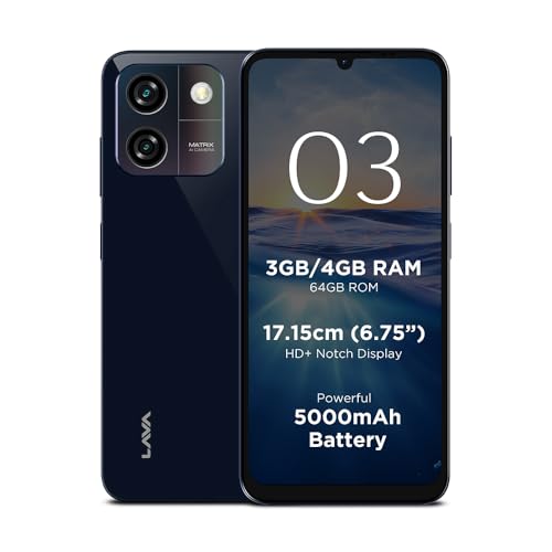 Lava O3 (Glossy Blue, 3 Gb Ram, 64 Gb Storage) | Biggest 6.75″ Hd+ Display | 13Mp Ai Dual Rear Camera | 5000 Mah Battery | Secure Face Unlock | Fingerprint Reader | Charger & Phone-Cover In Box