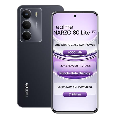 Realme Narzo 80 Lite 5G (Onyx Black, 6Gb+128Gb) | 6000Mah Long-Lasting Battery | Mediatek Dimensity 6300 5G | Ai Assist | Ip64 Rated Water & Dust Resistance | Military-Grade Durability