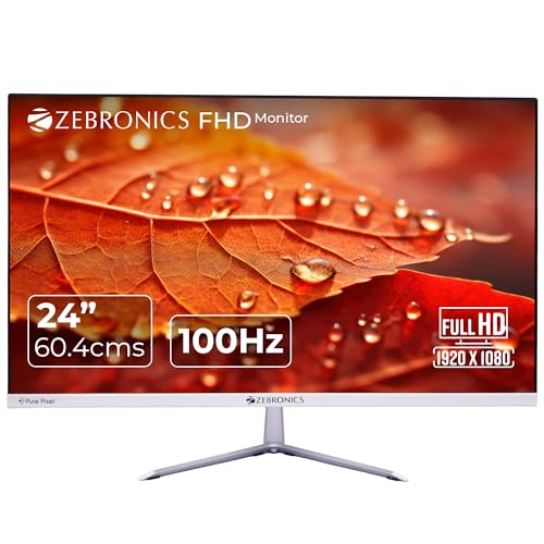 Zebronics Ea124 Led Monitor, 24 Inch (60.4Cm), 250 Nits, 100Hz, Fhd, 1920X1080, Hdmi, Vga, Ultra Slim Bezel, Built-In Speakers, Metal Stand, Wall Mountable