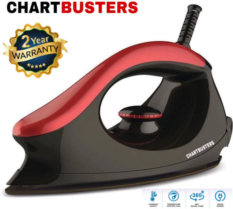 Chartbusters By Chartbusters 1000-Watt Iron | Safety-Packed Iron With Quick,Uniform Heating | 2-Year Warranty 1000 W Dry Iron(Red, Black)