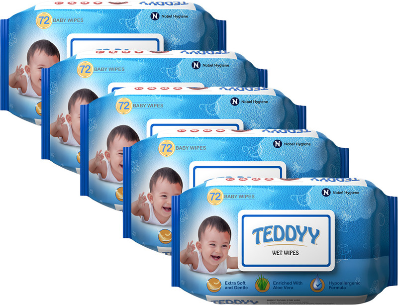 Teddyy Baby Soft Wet Wipe With Lid | Pack Of 5 | With Aloe Vera And Vitamin E(360 Wipes)