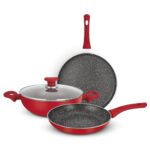 Bergner Bellini Plus Non-Stick 4 Pcs Cookware Set – 24Cm (2.5 L) Kadai With Glass Lid, 24Cm Frypan And 28Cm Tawa, Soft Touch Handle, Less Oil Use – Induction Bottom, Diwali/Anniversary Gifting (Red)
