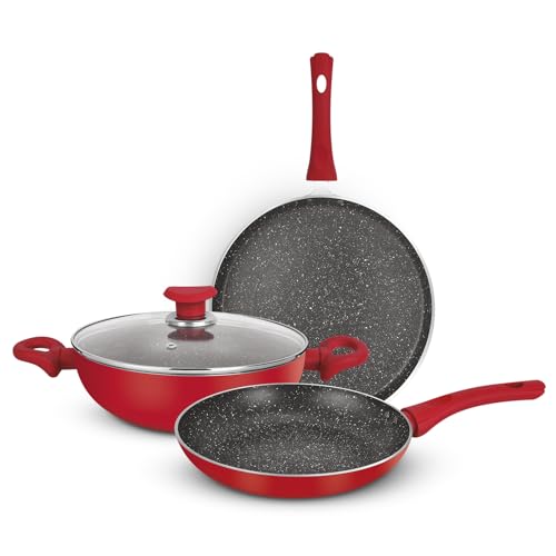Bergner Bellini Plus Non-Stick 4 Pcs Cookware Set – 24Cm (2.5 L) Kadai With Glass Lid, 24Cm Frypan And 28Cm Tawa, Soft Touch Handle, Less Oil Use – Induction Bottom, Diwali/Anniversary Gifting (Red)