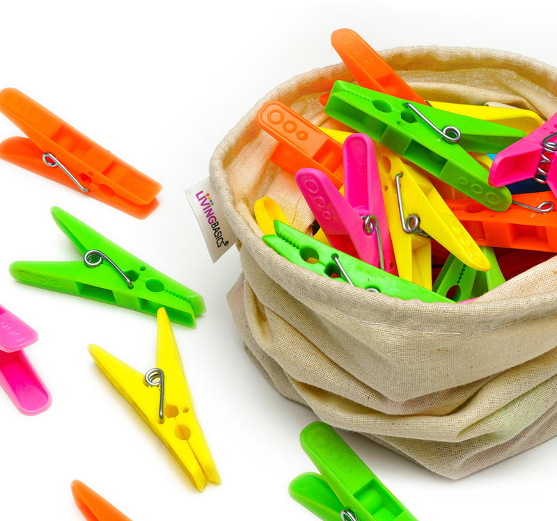 Livingbasics Clothes Drying Pins/Pegs With Cotton Storage Bag / Plastic Cloth Clips(Multicolor Pack Of 24)
