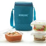 Borosil Teal Lunch Box With Bag, 3 Pc (320 Ml X 3 Square), Glass Office Tiifin 3 Containers Lunch Box(960 Ml)