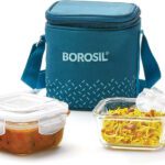 Borosil Teal Lunch Box With Bag, 2 Pc (320 Ml X 2 Square), Vertical Tiifin 2 Containers Lunch Box(640 Ml)
