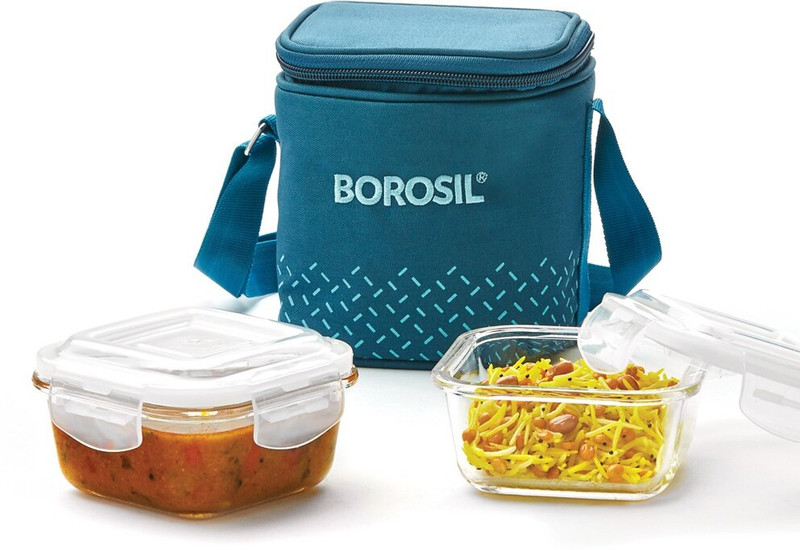 Borosil Teal Lunch Box With Bag, 2 Pc (320 Ml X 2 Square), Vertical Tiifin 2 Containers Lunch Box(640 Ml)