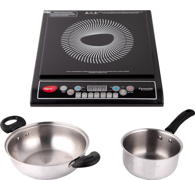 Pigeon 1800 W Induction Cooktop Push Button(Black, 19004335 With Stainless Steel Kadai 24 Cm & Pan 16 Cm)