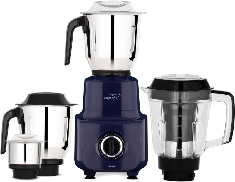 V-Guard Sturdy Quadraflow Design Juicer Jar 750 W Juicer Mixer Grinder(Citius | 4 Jars | Precision Blend Stainless Steel Blades | Blue)
